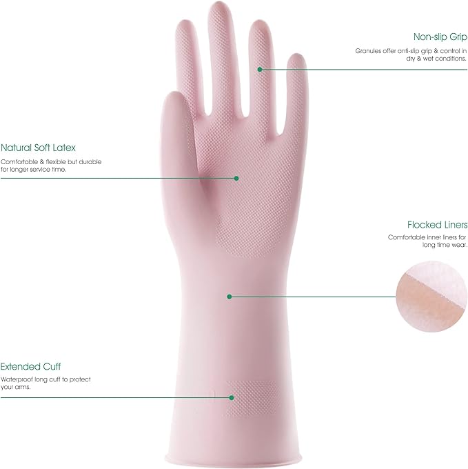 COOLJOB Large Household Rubber Gloves with Cotton Liner & Non-slip Grip, Waterproof Long Lasting Dishwashing Gloves for Kitchen & Bathroom Cleaning, Light Pink, 1 Pair