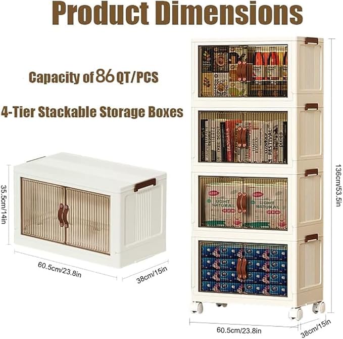 4-Tier Stackable Storage Bins with Lids & Open Front Design, Foldable Storage Bins with Wheels for Home Organization, Collapsible Space Saving Multi-Layer Storage Organizer, 86QT
