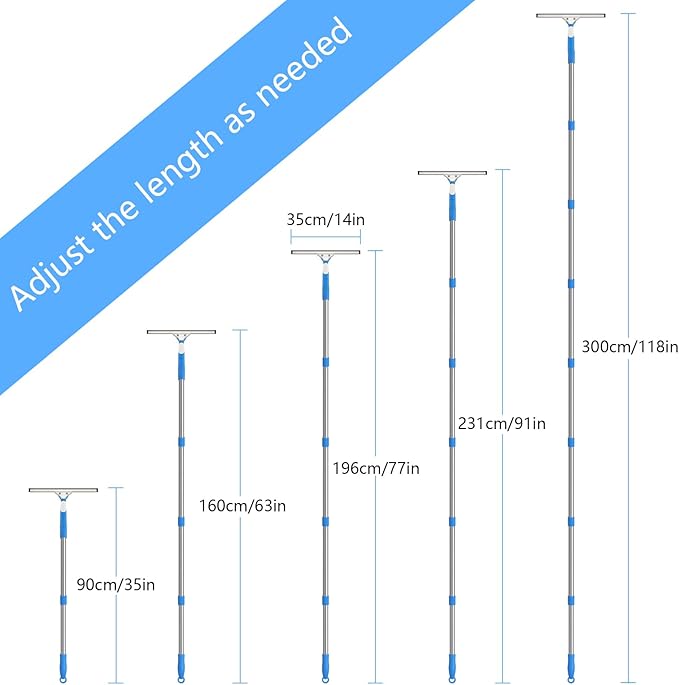 15 Feet High Reach Window Cleaning Kit with Extension Poles, Window Cleaner Tool with 14’’ Silicone Squeegee, Microfiber Scrubber & Cloth, Window Washing Equipment for Indoor/Outdoor Windows