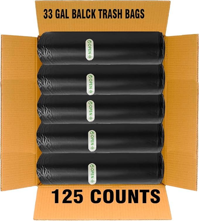 33 Gallon Trash Bags, 125 Count, Black Garbage bags, Multi-purpose Trash Can Bin Liners for Home Commercial, Outdoor, Construction, Industrial, Janitorial, Municipal, Lawn, Leaf