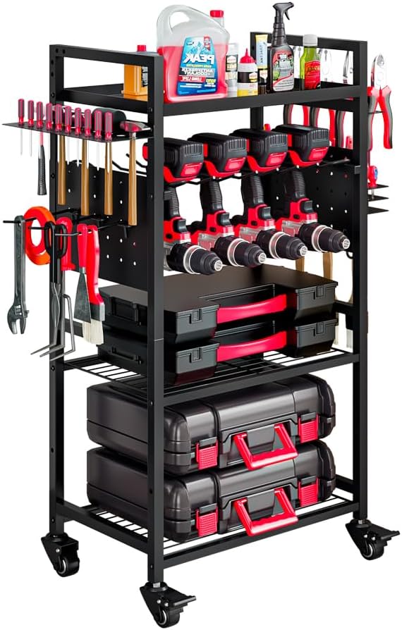 Large Power Tool Organizer Cart, Garage Floor Standing Rolling Drill and Tools Battery Storage Cart on Wheels, Heavy Duty Utility Rack Shelf,Utility Rack Gift for Men, Husband, Father.
