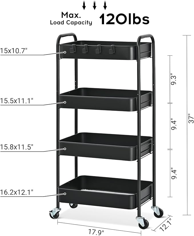 TOOLF 4-Tier Metal Rolling Cart with Wheels, Storage Utility Organizer Cart for Kitchen, Bathroom, Office, Baby Essentials & Makeup - Lockable Casters, Easy Assembly, Large Capacity, Black