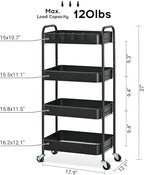 TOOLF 4-Tier Metal Rolling Cart with Wheels, Storage Utility Organizer Cart for Kitchen, Bathroom, Office, Baby Essentials & Makeup - Lockable Casters, Easy Assembly, Large Capacity, Black