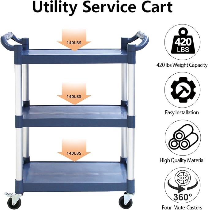 3-Tier Utility Cart With Wheels, Heavy Duty Rolling Restaurant Cart 420lbs, Plastic Bus Cart With Lockable Wheels and Rubber Hammer for Warehouse/Office/Kitchen, Grey