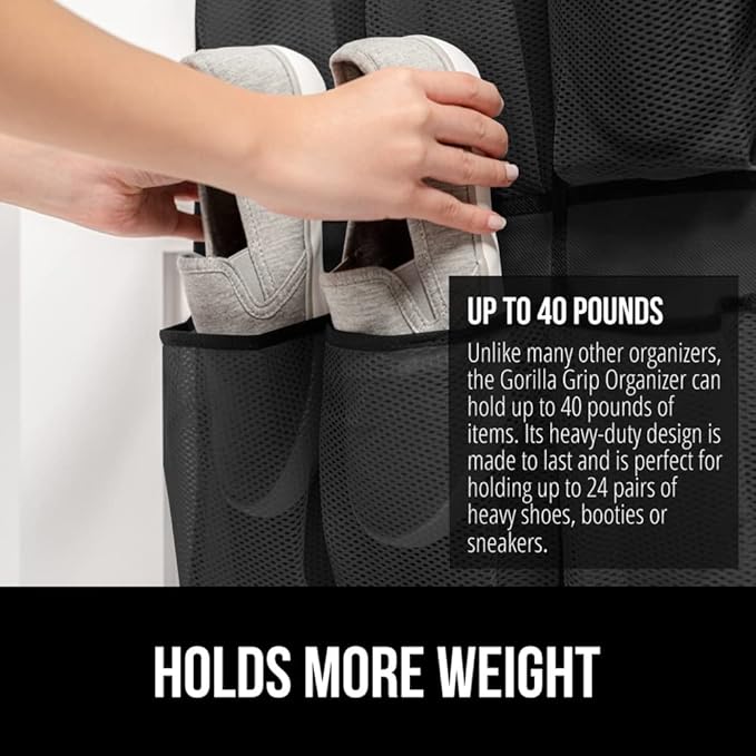 GORILLA GRIP Over the Door Shoe Organizer, 12 Large Breathable Mesh Pockets, Space Saving Hanging Storage Holder, 2 Hook Closet Rack Hanger, Hangs on Closets for Shoes, Accessories, 64H x 9.5W Black