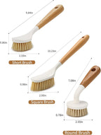 Sisal Dish Cleaning Brush with Bamboo Handle Dish Scrubber, Scrub Brush for Pans, Pots, Dishwashing and Cleaning Brushes (Square Brush, Round Brush and Short Brush)
