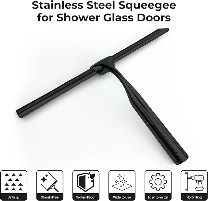 Matte Black Shower Squeegee for Glass Doors with Adhesive Hooks, Squeegee for Shower Glass, Cleaner Tool for Bathroom Household Window Mirror Tile Wall Car, 10 Inch Black