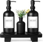 Dish Soap Dispenser for Kitchen, Black Hand Soap Dispenser with Stainless Steel Pump, Kitchen Soap Dispenser Set with Wood Riser Tray, Matte Black Bathroom Soap Dispenser Set Bathroom Decor