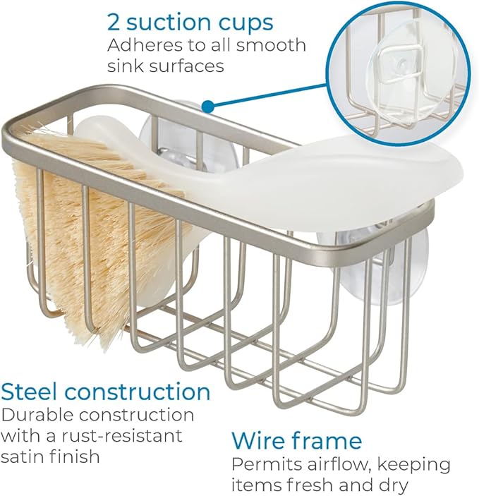 iDesign Rust-Resistant Stainless Steel Sponge Holder for Kitchen Sink with Suction Cups, The Gia Collection - Set of 1, Satin
