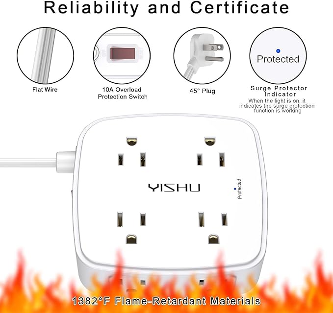 10 Ft Surge Protector Power Strip - YISHU 8 Widely Outlets with 4 USB Ports, 3 Side Outlet Extender with 10 Feet Flat Extension Cord, Ultra Flat Plug, Wall Mount, Desk USB Charging Station, ETL, White