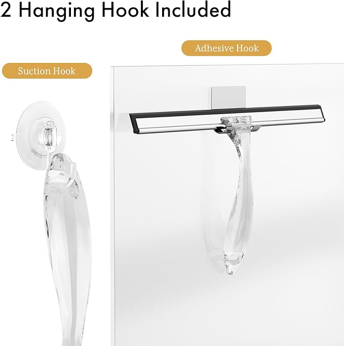 AmazerBath Shower Squeegee for Glass Doors, All-Purpose Squeegee with Suction Hook & Adhesive Hook, Clear Squeegee for Shower Glass, Windows, Mirrors, Tiles and Car Windows - 12 Inches, Clear