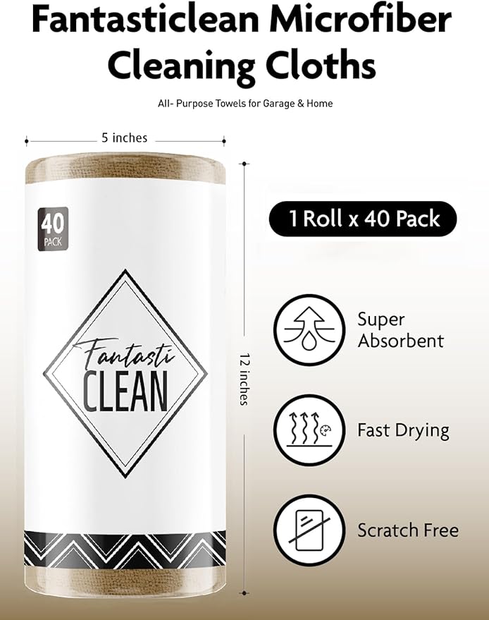 Fantasticlean Microfiber Cleaning Cloth Roll -40 Pack, Tear Away Microfiber Towels, 12" x 12", Reusable, Washable, Scratch Free, Ultra Absorbent for Car, Home Supplies, Shop (TAN)