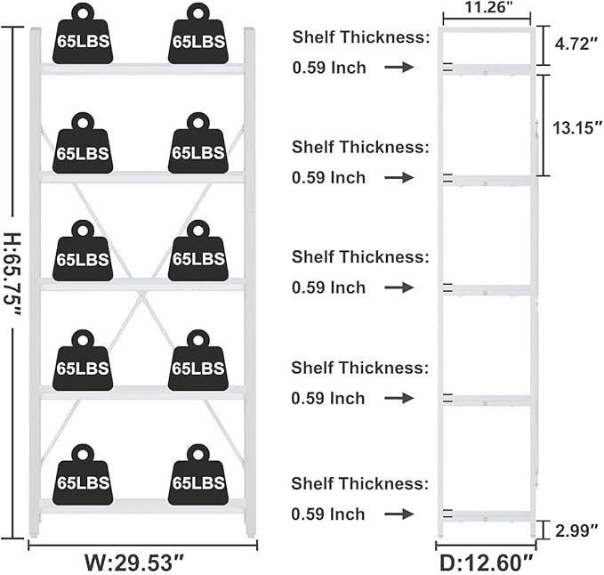 FATORRI 5 Tier Bookshelf, Metal and Wood Bookcase, Etagere Book Shelf for Display, Modern Shelving Unit Tall Book case for Home Office, Living Room (White Oak)
