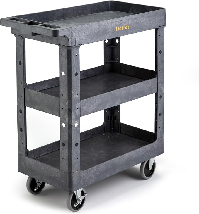 ELAFROS 3 Shelf Heavy Duty Plastic Utility Cart 34 x 17 x 38.5 Inch - Work Cart with Full Swivel Wheels Deep Shelves and Safely Holds up to 550 lbs - 3 Tier Service Cart Tool cart, Gray