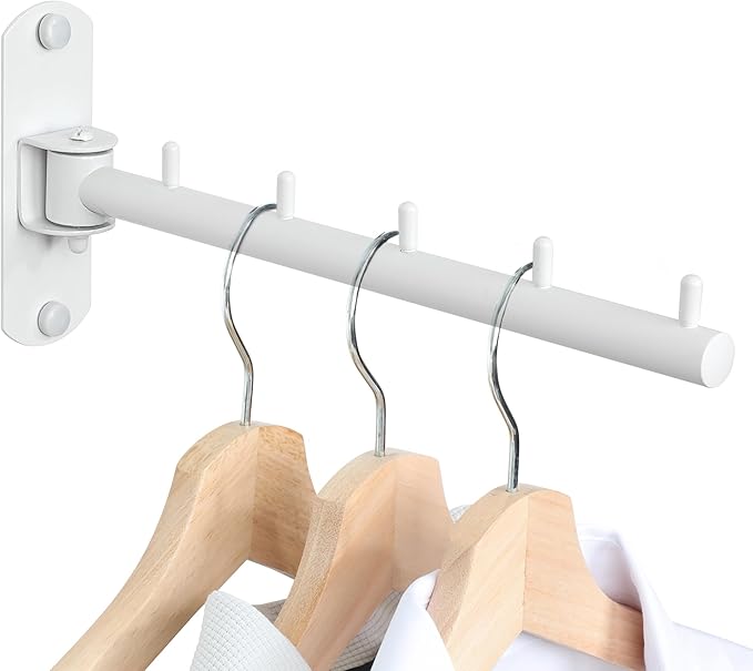 Swing Clothes Hanger Rack,Garment Racks Wall Mounted Clothes Bar-Hanger Holder Hooks Heavy Duty Folding Drying Rack Space Saving Clothing Hanging System Closet Storage Organizer,White Finish