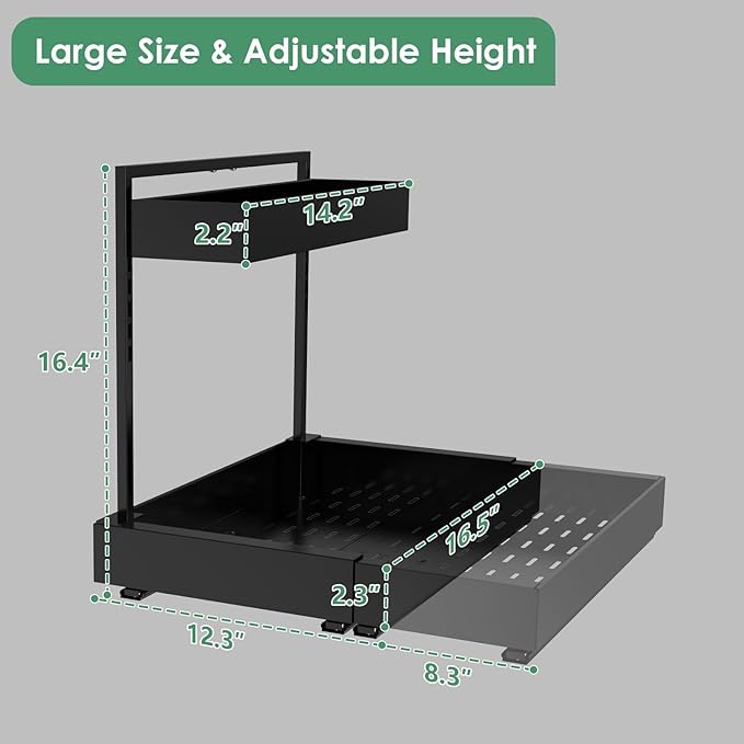 REALINN Expandable Under Sink Organizers and Storage, 2 Tier Under Cabinet Organizer, Heights Adjustable Pull Out Rack for Kitchen Bathroom Laundry, Black, 2 Pack