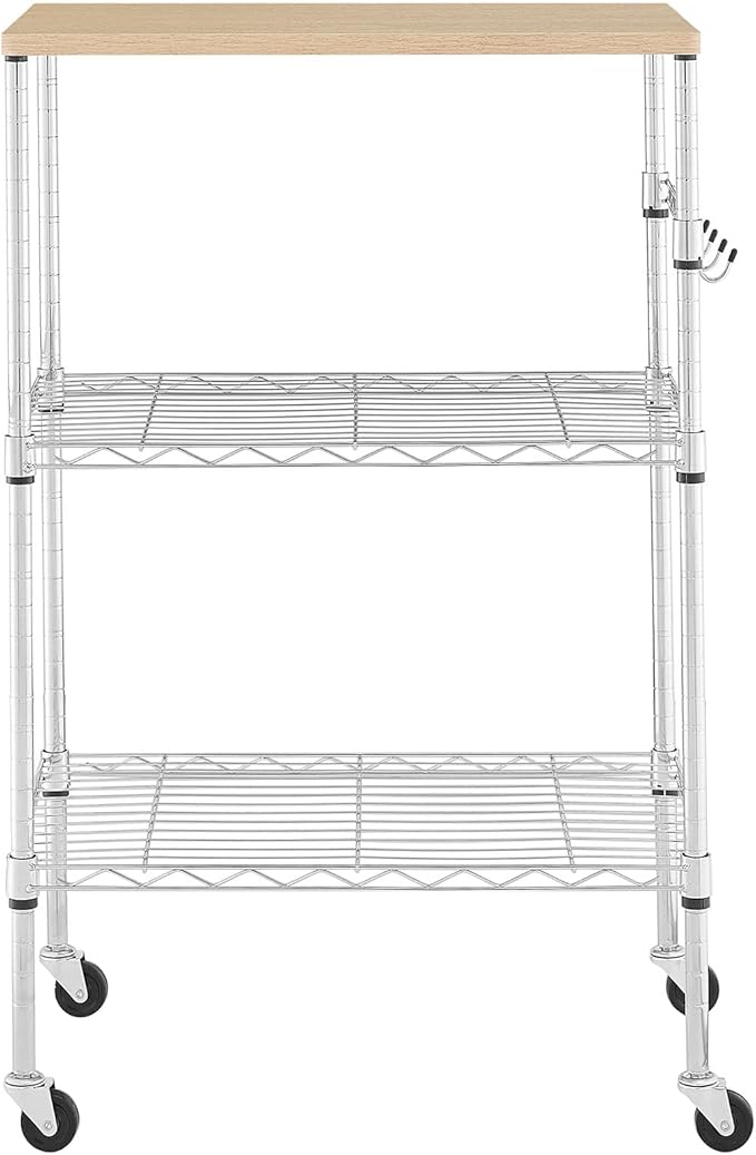 450Lbs Capacity Microwave Cart with Wheels, 3 Tier Rolling Cart with Adjustable Shelves, Multifunctional Metal Utility Storage Kitchen Carts on Wheels, 23.6" L*15.7" W*37" H, Wood+Chrome