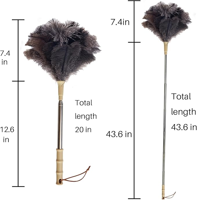 Aldwin Ostrich Feather Duster with Extension Pole Up to 43 inch, Genuine Fluffy Natural Reusable Handheld Feather Dusters for Cleaning Supplies, Washable, Car, Office, Desk, Blinds