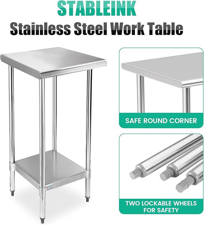 STABLEINK NSF Stainless Steel Table, 24 x 18 Inches Metal Prep & Work Table with Adjustable Undershelf, for Commercial Kitchen, Restaurant, Hotel and Garage，Small Stainless Steel Table
