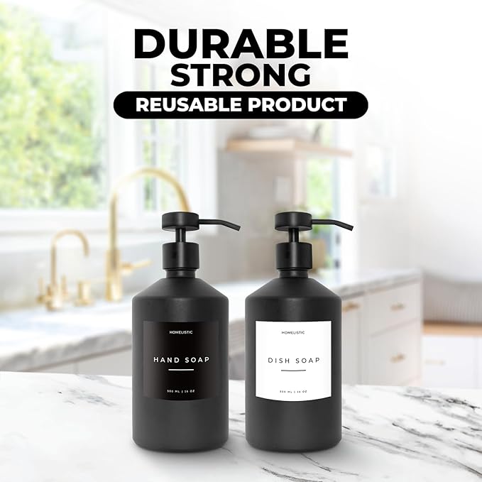 Luxury Glass Soap Dispenser Set of 2 - Elegant Glass Bottles with Matte Black Pumps, Ideal for Kitchen and Bathroom for Hand and Dish Soaps