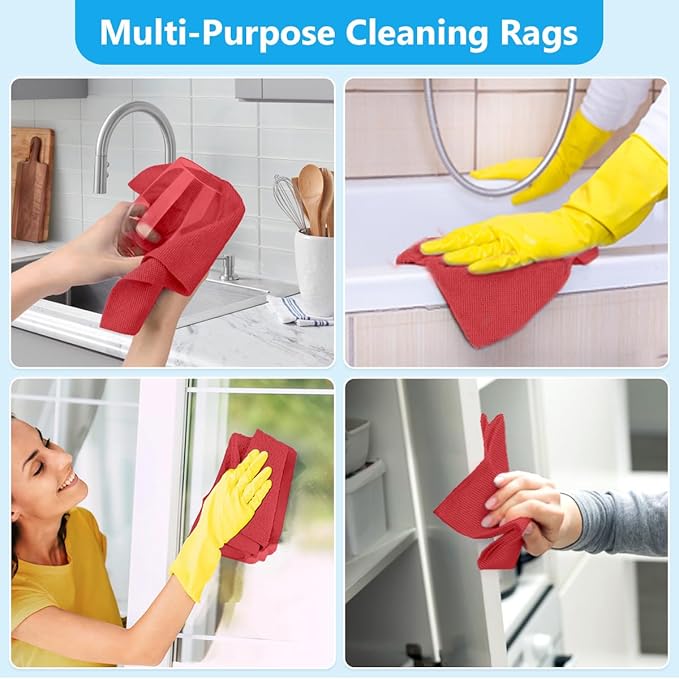 GLIMGLINT Microfiber Cleaning Cloth, 100 Pack Shop Towels, Lint-Free, Ultra Absorbent Reusable or Disposable Microfiber Cloths for Kitchen, Car, Cleaning Rags, 11" x 9", Red