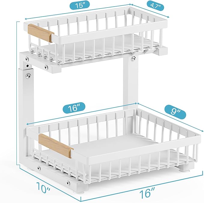 2 Packs Under Sink Organizer,Small Shelf for narrow spaces,2 Tiers Pull Out Under Cabinet Organizer,Adjustable Height,Slide Out Thickened Metal Under,White