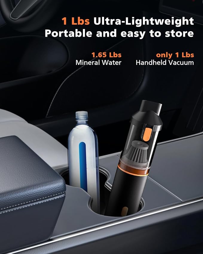 Car Vacuum Portable with 16000Pa Powerful Suction, Handheld Vacuum Cordless Rechargeable Blow & Suction 4 in 1, Small Vacuum Cleaner for Car, Home, Office, Outdoor (Black Orange)