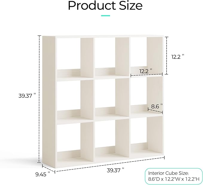 LINSY HOME Cube Storage Shelf, 3 Shelf Display Bookshelf with Storage, Open Freestanding 9 Cube Bookcase Small, White Wooden Bookshelf for Home Office, Bedroom, White Oak