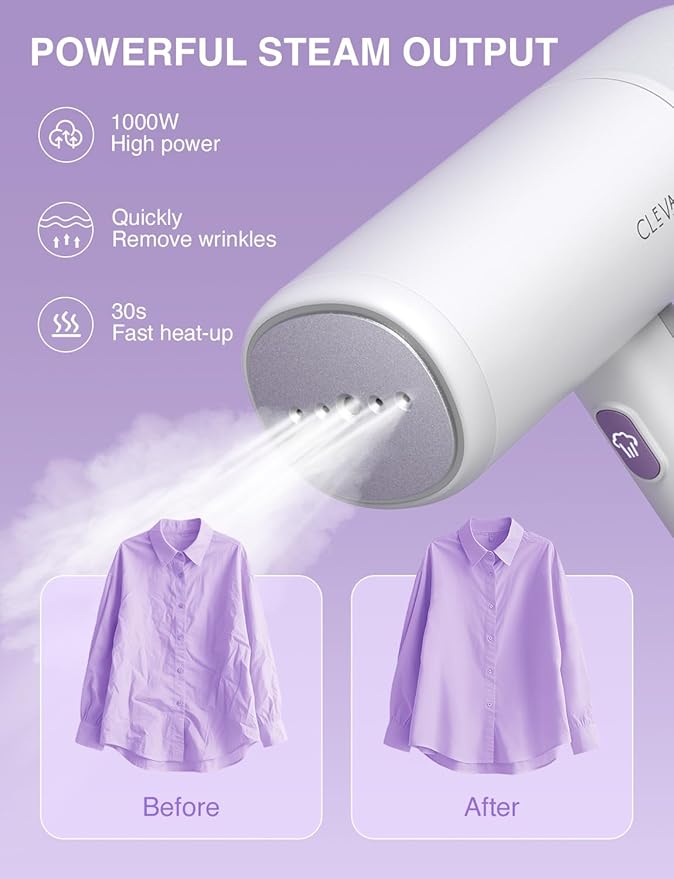 CLEVAST Travel Steamer for Clothes - Portable Handheld Garment Steamer for Clothing, Small Foldable Travel Size Fabric Wrinkle Remover, 30-Second Fast Heat Up, 1000W Powerful Steam Output, 120V Only