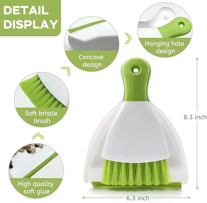 Small Hand Dust Pan and Brush - Small Broom and Dustpan Set, Mini Broom and Dustpan, Compact Dustpans and Brush for Home Cleaning, Sofa, Desk, Guinea Pig Cage, Cat Litter, etc. (Light Green)