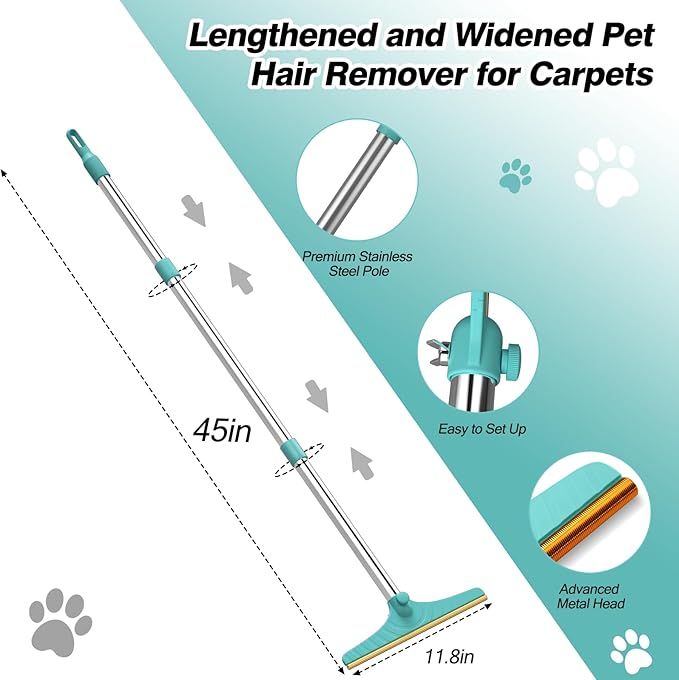 Carpet Rake for Pet Hair Removal, Reusable Cat Dog Hair Remover with 45’’ Long Handle Advanced Lint Remover Scraper for Carpets, Rugs, Mats, Couch