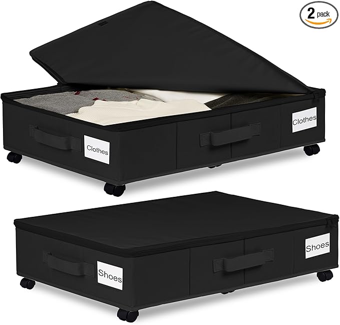 Under Bed Storage with Wheels, 2 Pack Under Bed Storage Containers with Label Holders for Clothes, Shoes and Blankets, Rolling Underbed Shoe Organizer with Cover, Black (30.71x15.7x7.28 in)