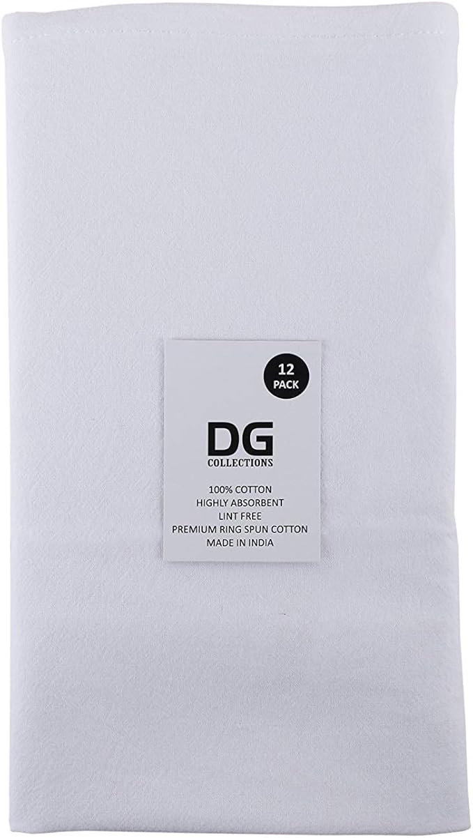 DG Collections 100% Cotton Flour Sack Towels – 12 Pack, 27x27 Inches, White, Lint-Free, Pre-Washed, Hemmed Edges – Reusable Kitchen Towels for Cleaning, Embroidery, Printing & Crafts - White