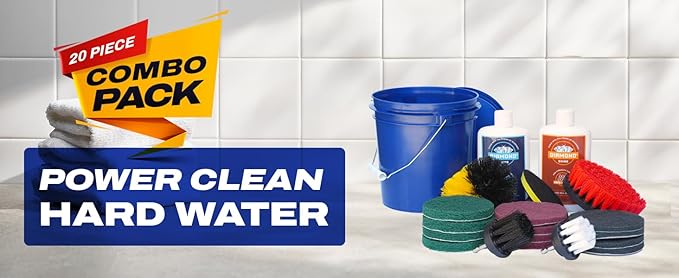 Complete Hard Water Stain Drill Cleaning Kit – 20 Piece Diamond Shine Set with Drill Brushes, Bucket & lid, Scouring Pads & Cleaner for Tile, Bathroom, Hard Water, Shower Glass & Chrome