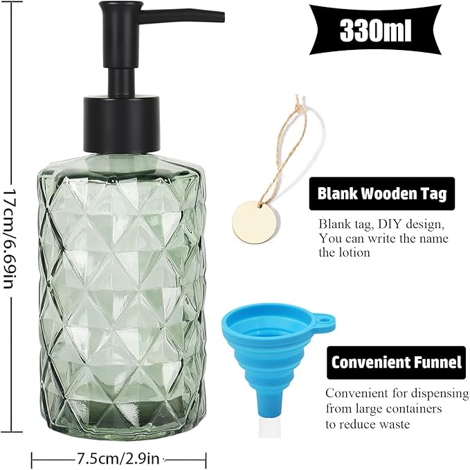 Green Glass Soap Dispenser with Black Plastic Pump, 12oz Clear Crystal Refillable Liquid Hand Soap Dispenser, Diamond Design Lotion Dispensers for Hand Soap, Soap, Lotion