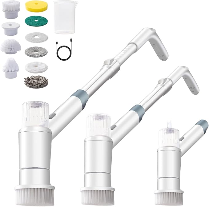Electric Spin Scrubber,Spray with Foam Cordless Cleaning Brush, 2-Speed Shower Scrubber, Shower Cleaning Brush with 8 Replaceable Brush Heads, Adjustable Removable Handle for Bathroom, Kitchen-White