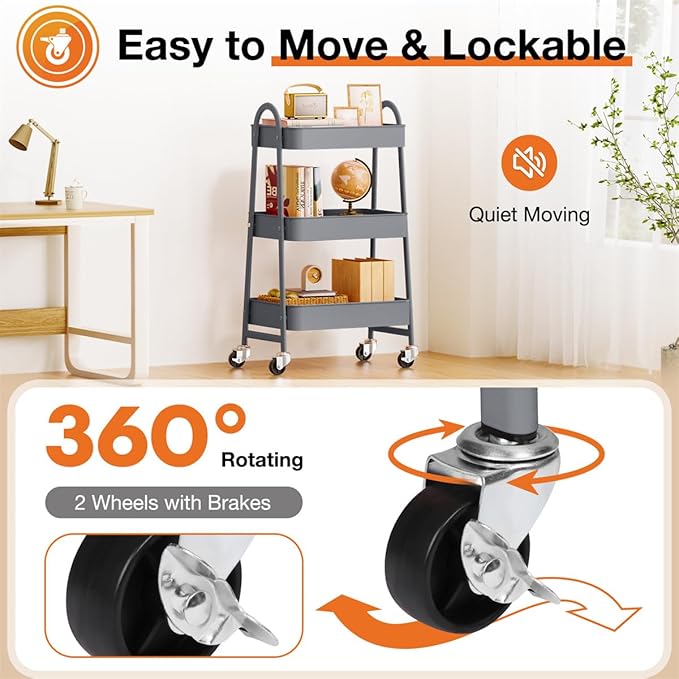3-Tier Metal Rolling Utility Cart, Small Rolling Cart Kitchen Trolley Bathroom Laundry Room Bar Office Shelves Storage Organizer Shelving Unit with Caster Wheels for Narrow Places, Grey