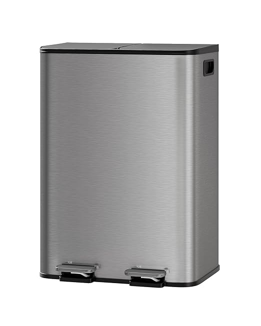 GarveeHome 2 x 8 gal Stainless Steel Double Trash Can with Lid for Kitchen, Large Dual Trash and Recycle Bin Combo, Step-on Kitchen Metal Garbage Cans, PP Inner Buckets, Liner Rim, Matte Grey