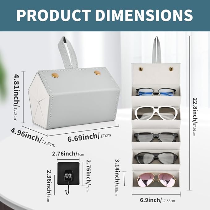 5 Slots Sunglasses Organizer With Hook, Sunglasses Travel Case, Eyeglasses Holder, Multiple Glasses Case for Women Men(COLOR:Grey)