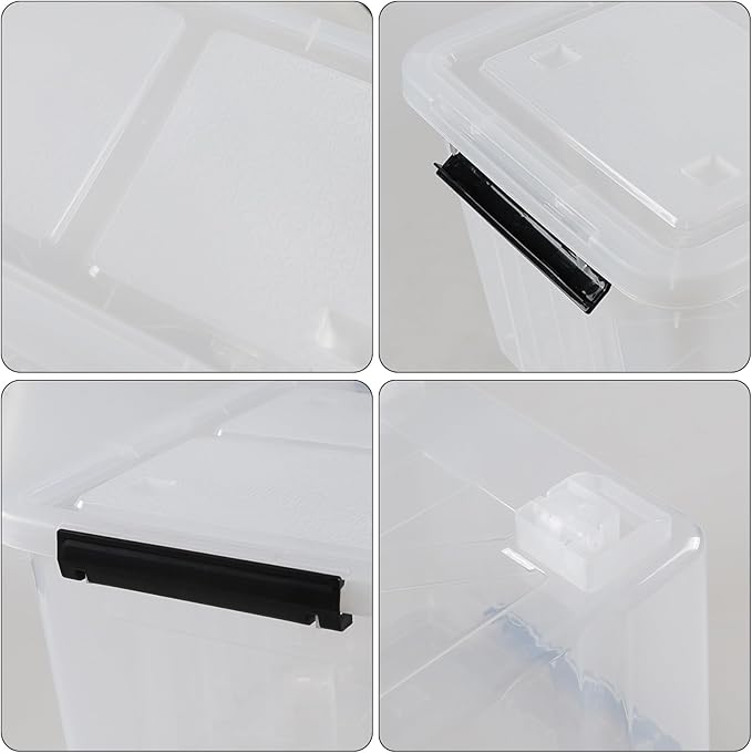 Zopnny 30 Quart Plastic Stacker Box, Large Storage Bin Container with Latching Lids and Wheels for Home and Garage Organizing, Shoes, Tools, Clear Base, 4-Pack