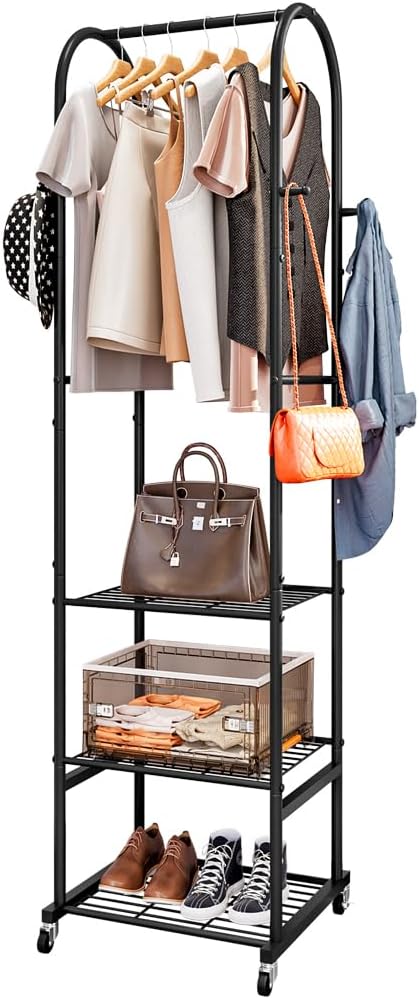 Clothes Rack With Wheels and 3-Tier Metal Shelves,Clothing Rack For Hanging Clothes With 4 Hooks,Garment Rack Wardrobe Organizer for Small Space,Black (black, 16.54 * 18.23 * 72.05)