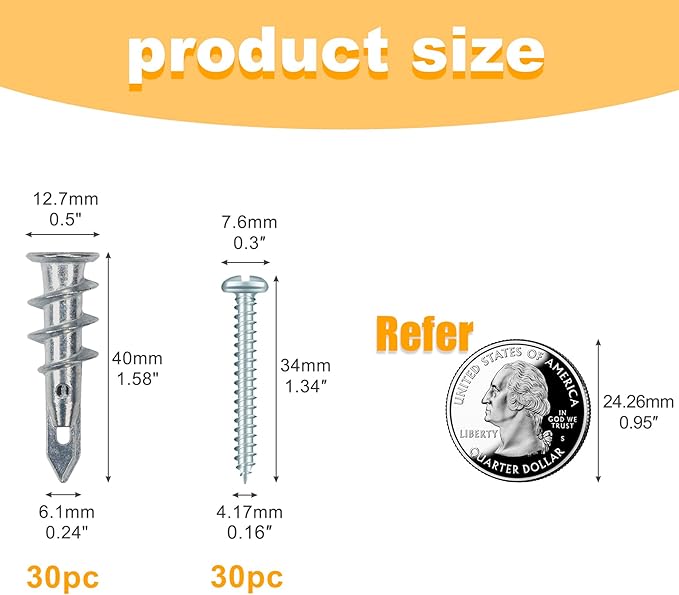 KURUI #8 Zinc Self-Drilling Drywall Anchors, 60PCs Hollow Metal Wall Anchors and Screws Kit, 30 Heavy Duty Anchors + 30#8 x 1-1/4'' Screws, 75LB Hanging and Mounting