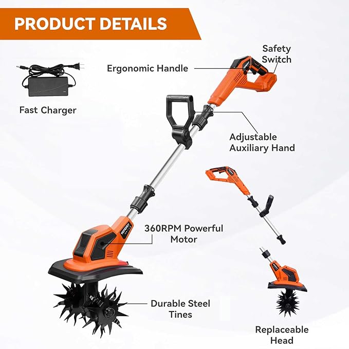 Cordless Tiller Cultivator, 21V 360RPM Electric Garden Tiller with 2x2.0Ah Battery & Charger, Battery Powered Garden Cultivator, 9" Width, 6.7" Depth, 48 Steel Tines Garden Rototiller for Gardening