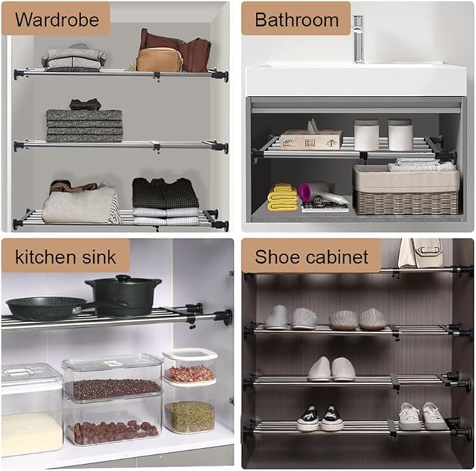 Hershii Expandable Closet Tension Shelf Rod Adjustable Metal Storage Rack Cabinet Organizer DIY Divider Separator Shelves for Wardrobe Cupboard Kitchen Bathroom, Black, 15.75-23.62inches