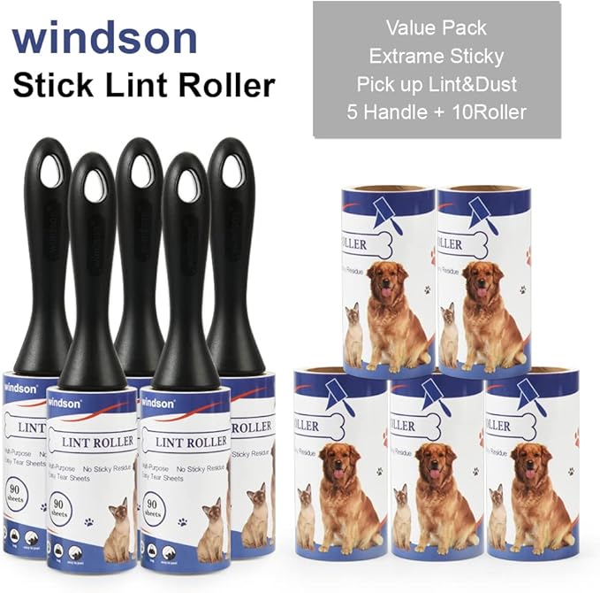 windson 900 Sheets/10 Refills Lint Rollers for Pet Hair Extra Sticky - Cat Dog Hair Lint Remover, Sticky Tape Roller for Clothes, Furniture, Carpet, Couch