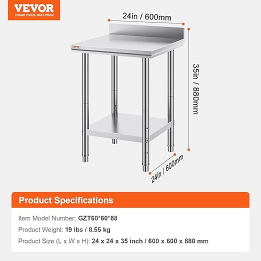 Mophorn Stainless Steel Table Work Table 24 x 24 x 34 Inch Commercial Food Prep Worktable Heavy Duty Prep Worktable Metal Work Table with Adjustable Feet for Restaurant, Home and Hotel