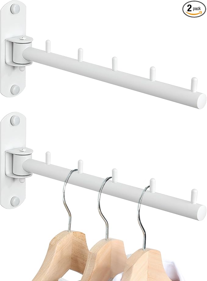 Swing Clothes Hanger Rack,2-Pack Garment Racks Wall Mounted Clothes Bar-Hanger Holder Hooks Heavy Duty Folding Drying Rack Space Saving Clothing Hanging System Closet Storage Organizer,White