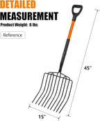 VNIMTI Pitch Fork for Gardening, 10 Tines Wide Pitch Fork with Fiberglass Handle, Heavy Duty Pitch Fork for Bedding, 45 Inches