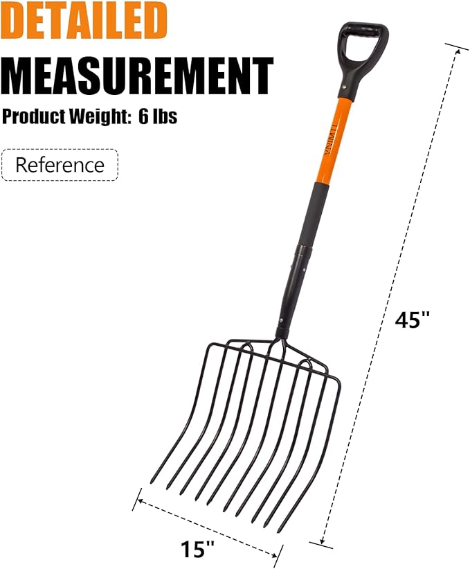 VNIMTI Pitch Fork for Gardening, 10 Tines Wide Pitch Fork with Fiberglass Handle, Heavy Duty Pitch Fork for Bedding, 45 Inches