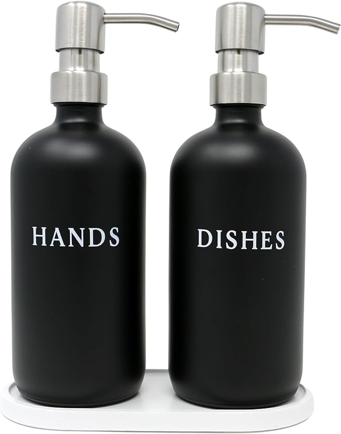 Black Glass Hand and Dish Soap Dispenser Set - Modern Farmhouse Sink Accessories - 16 oz Kitchen Sink Set With Tray, Stainless Pumps & Funnel